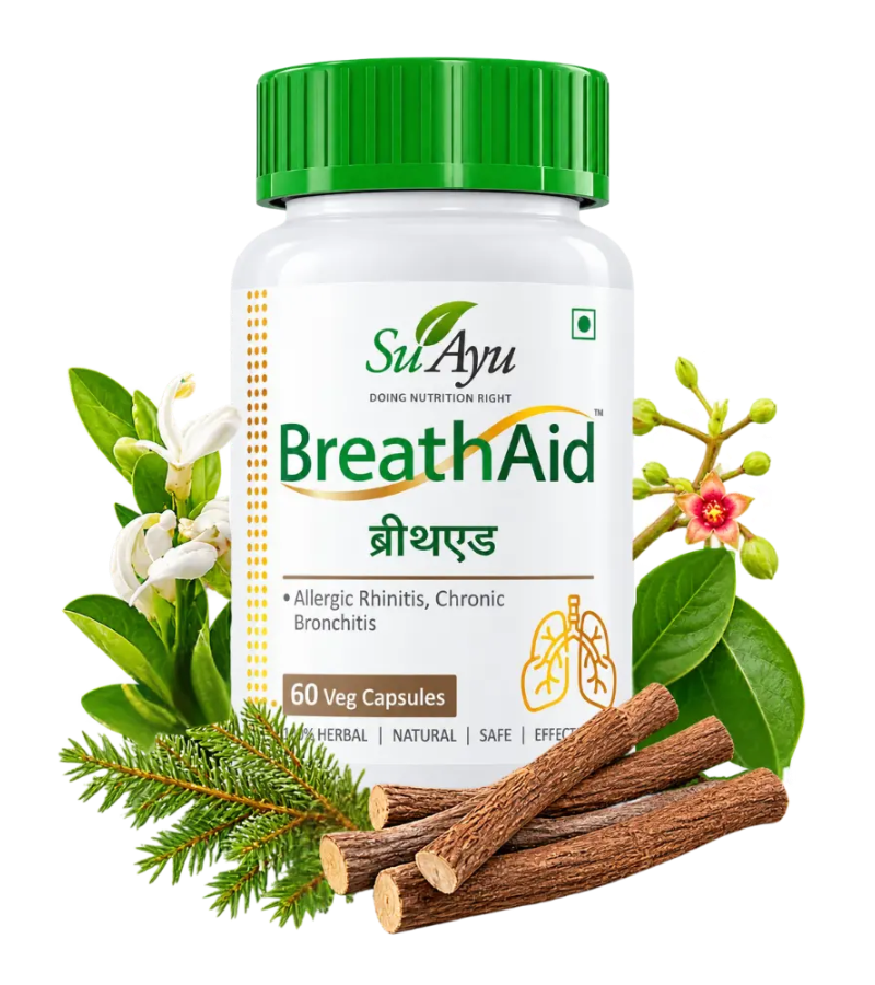 A bottle of SuAyu BreathAid herbal supplement with a green cap and white label.