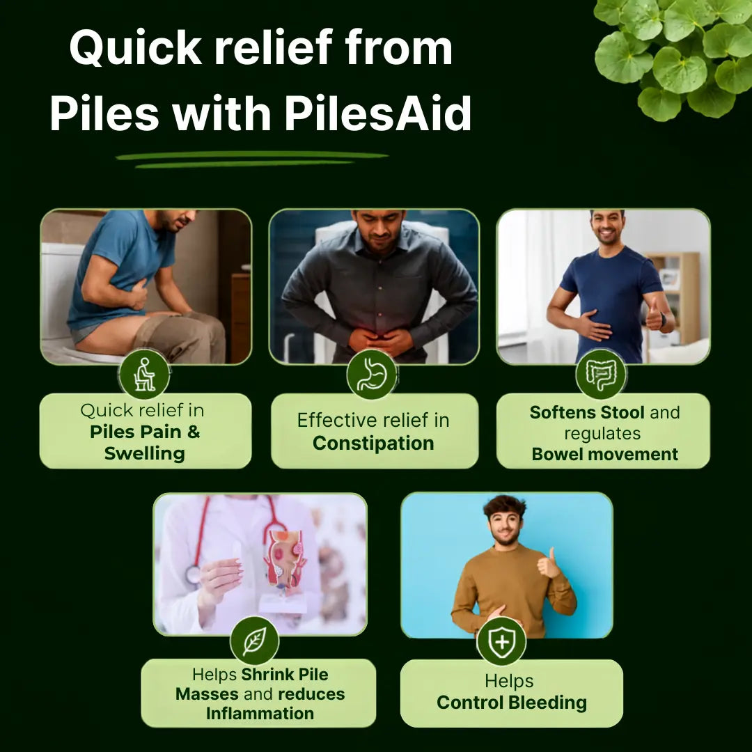 Promotional infographic for PilesAid highlighting relief benefits: quick relief in piles pain and swelling, effective relief in constipation, softening stool and regulating bowel movement, helping shrink pile masses and reduce inflammation, and helping control bleeding. The graphic features five panels with male models demonstrating discomfort and relief, set against a dark green background with the text 'Quick relief from Piles with PilesAid'.