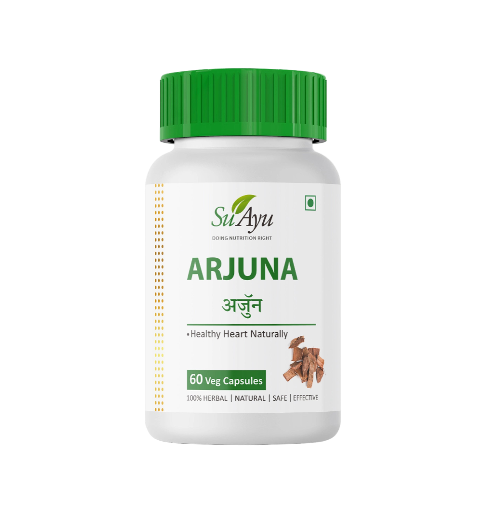 Bottle of SuAyu Arjuna capsules on a white background