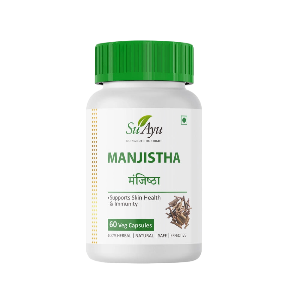 White bottle of SuAyu Manjistha with green cap on a white background