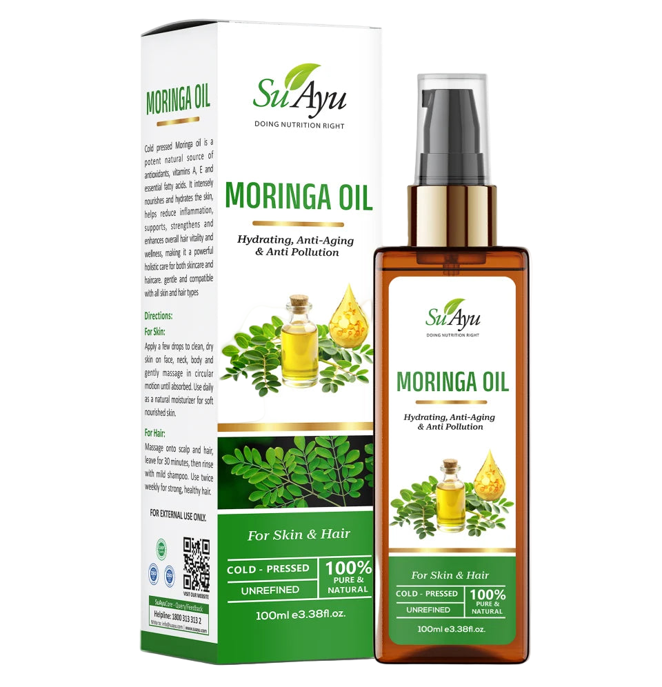 SuAyu Moringa oil bottle and packaging on a white background